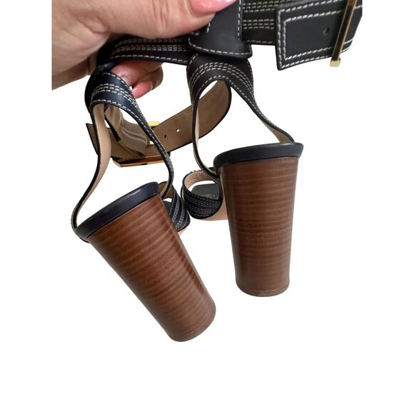 VERONICA BEARD Navy Leather Stacked Ankle Strap Heels Size 8 - Picture 6 of 8